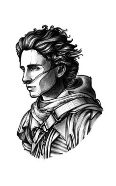 a black and white drawing of a man with long hair, wearing a scarf around his neck