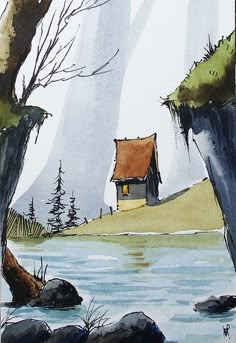 a painting of a house by the water with trees and rocks in front of it