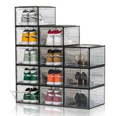 six clear drawers with various pairs of shoes in them, all stacked on top of each other