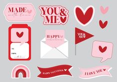 valentine's day stickers and tags on a gray background with hearts, an i love you message