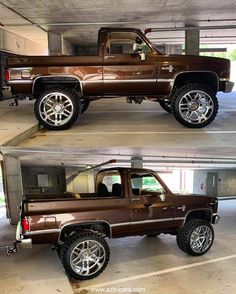 two pictures of a brown truck in a parking garage