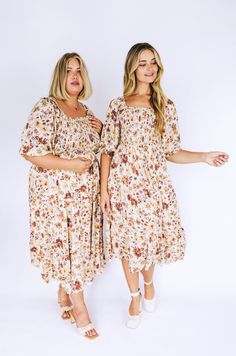 Floral prints get us every time! Our new Exclusive - Fall Feelings Dress is the prettiest palette of fall florals + colors! Also featuring a square neckline, ruffle details, + pockets(!), makes this the perfect midi-dress for everyone! Size inclusive from XS-3X. Details Floral pattern 3/4 length sleeves Ruffle cuffs Ruffled along neckline Square neckline Elastic along neckline Tiered skirt Pockets! Skirt is lined Elastic waistband Tie at waist Midi-length dress Sizing *Measurements are taken wit Dresses With Elastic Waist, Missouri Travel, Fall Florals, Skirt Pockets, Easy Style, Fabric Inspiration, Fall Feels, Skirt With Pockets, Tier Skirt