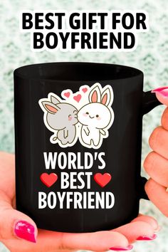 a woman holding a black coffee mug with the words best gift for boyfriend on it