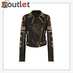 Black & Golden Embroidered Studded Leather Jacket Embroidered Leather Jacket, Studded Leather Jacket, Fausto Puglisi, Embellished Jacket, Embroidered Leather, Real Leather Jacket, Vintage Leather Jacket, Genuine Leather Jackets, Leather Biker Jacket