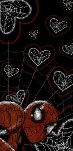 a spider - man drawing with hearts in the background