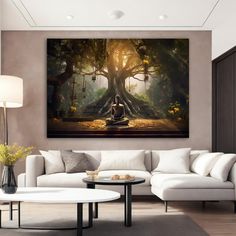 a living room with a large painting on the wall