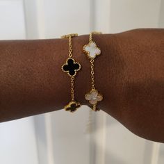 Available in black and pearl. Gold link. Adjustable. Allow 2-5 business days for delivery Clover Bracelets, Gold Link, Pearl Bracelet, Christmas List, Diamonds, Birthday, Christmas, Red, Gold