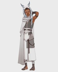 the character is dressed in white and grey