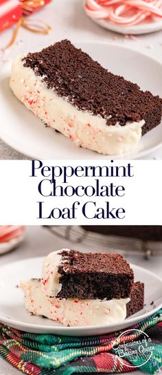 peppermint chocolate loaf cake with white frosting and sprinkles on top