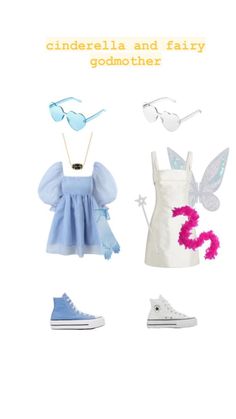 an image of some clothes and accessories on a white background with the words cinderella and fairy godmotes