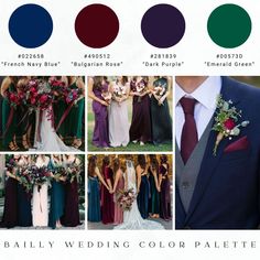 wedding color palettes for the bride and groom in burgundy, blue, green, purple