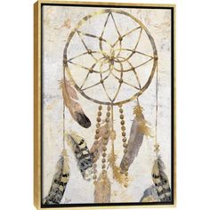 a painting of a dream catcher with beads and feathers on it's side, against a white background