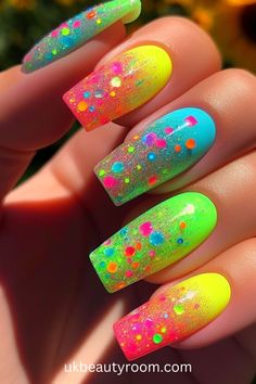 Bright nails are colorful and eye-catching, perfect for adding a pop of excitement to any look.  They are also a great choice for summer!  This post contains 39 ideas for bright nails, including: simple, cute, inspo, classy, elegant, fun, funky, edgy, neon, ideas, art, summer, designs, acrylic, short, for spring, almond. Different Color Nail Designs, Nail Design Neon Colors, Nail Art Designs Neon Colors, Summer Nail Designs Short Nails, Pride Nail Art Designs, Neon Fake Nails, Neon Different Color Nails, Neon Almond Shaped Nails, Summer Fun Nails