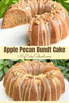 an apple pecan bundt cake on a white plate with a slice cut out