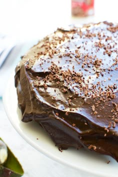 a large chocolate cake on a white plate