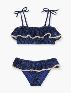 The Ottie Trim Frill Bikini in Blue Paisley from our Summer Swim 2024 Collection. A lycra frill trim bikini featuring fixed shoulder ties with bows and a frill pant. Dress Purse, One Piece Clothing, Swimwear Online, Resort Dresses, Kids Swimwear, Designer Swimwear, Blue Paisley, Swimwear Outfit, Denim Top