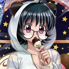 an anime character eating food with stars in the background