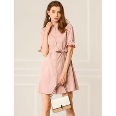 With ruffled short sleeves and a flattering tie at the waist, this shirt dress is crafted from soft cotton. Transition easily from day to night in this shirt dress in workwear style - a classic full button front with a pointed collar and waist tie. Available in a variety of styles, this solid A-line dress is belted, pointed collar, knee-length, ruffled short sleeves, button-down collar, solid color, belted dress, and heels for a retro look, perfect for everyday wear or weekend events. Feminine Cotton Shirt Dress For Day Out, Chic Short Sleeve Shirt Dress, Pink Cotton Shirt Dress For Day Out, Chic Solid Color Short Sleeve Shirt Dress, Spring Cotton Shirt Dress With Short Sleeves, Cotton Shirt Dress With Short Sleeves For Spring, Cotton Short Sleeve Shirt Dress For Spring, Solid Color Short Sleeve Shirt Dress With Button Closure, Spring Belted Short Sleeve Dress