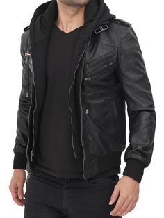 Black Hooded Leather Bomber Jacket Want to combine causal comfort with a classic look! Try our Edinburgh Black Hooded Leather Jacket. This jacket is made of real leather with great details like a zipper, exterior and interior pockets, decorative seams, etc. You can dress up and dress down it with multiple different outfits. Specification: Style: Bomber Material: Real Leather Lined with a soft polyester with quilted foam. Features: Detachable Hood, Drawstring Front: Zip Closure, Decorative Seams Fitted Black Biker Jacket With Double-lined Hood, Fitted Black Biker Hooded Jacket, Fitted Leather Hooded Jacket For Streetwear, Black Fitted Hooded Biker Jacket, Black Leather Jacket With Ykk Zipper, Fitted Black Biker Jacket With Detachable Hood, Black Leather Biker Jacket With Ykk Zipper, Black Biker Outerwear With Double-lined Hood, Fitted Leather Biker Jacket With Detachable Hood