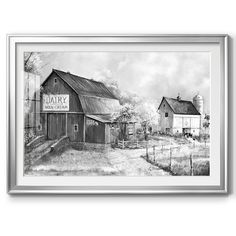 a black and white drawing of an old barn with a sign that says dairy on it