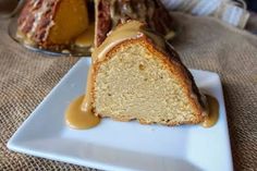 a bundt cake with caramel drizzled on top