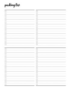 the printable packing list is shown in black and white, with dots on it