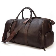 The Barnaby Cowhide Leather Duffel Bag With Shoe Pocket is a durable cowhide leather duffel bag that is perfect for any adventure. Filled with an internal pocket, an internal laptop sleeve and a shoe pocket at the exterior there will be plenty of space inside this elegant bag to store all your belongings without feeling weighed down or bulky. With its leather construction, and an adjustable and removable shoulder strap this duffel bag can withstand the test of time in your daily commute or weeke Hand Luggage Bag, Leather Duffel Bag, Leather Weekender Bag, Leather Duffel, Leather Weekender, Leather Duffle Bag, Mens Travel Bag, Leather Travel Bag, Leather Duffle