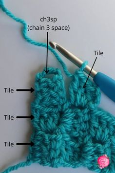 the crochet stitches are labeled on the side of the stitch, and there is a blue crochet hook next to it