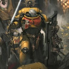 a yellow and black robot with two swords in his hand, standing next to other robots