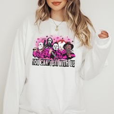 A take on Mean Girls with the You Can't Sit With Us phrase featuring all the not so friendly Halloween Monsters. all SKUs Top Clothing Brands, Fall And Halloween, Sweater Season, Friendly Ghost, Top Clothing, Fit Men, Clothing Brands, Halloween Sweatshirt, Cute Halloween