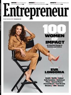 a woman sitting in a chair on top of a magazine cover