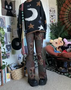 How To Style Crochet Sweater, Moon Aesthetic Clothing, Star Cardigan Outfit, Skull Sweater Outfit, Wizardcore Outfit, Funky Sweaters Outfit, Moon Outfit Aesthetic, Marceline Cat Sweater, Crochet Star Sweater