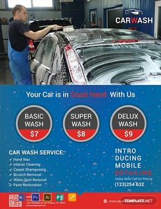 an advertisement for car wash with two men washing the cars and one man cleaning the windshield