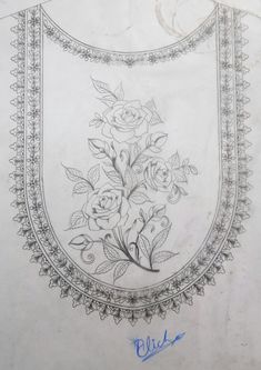 this is a drawing of roses on a white cloth with blue writing in the center