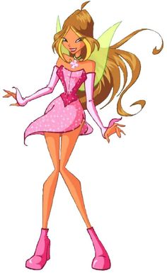 a cartoon fairy with long blonde hair and pink shoes, standing in front of a white background