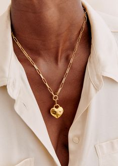 Gold-plated recycled brass charm;The clasp on this charm fits our Irma clasps;Height: 3 cm / 1.2 in Chunky Gold Necklaces, Gold Necklace Simple, Golden Heart, Gold Statement Necklace, Gold Charm Necklace, Brass Charms, Chunky Necklace, Cool Necklaces, Jewelry Inspo