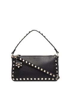 black calf leather grained texture gold-tone Rockstud embellishment single top handle detachable shoulder strap logo print to the front main compartment internal card slot internal logo patch full lining top zip fastening hook fastening Valentino Rockstud Bag, Bags Wishlist, Valentino Garavani Bag, Black Leather Crossbody Bag, Valentino Rockstud, Valentino Bags, Black Shoulder Bag, Black Tote Bag, Valentino Garavani