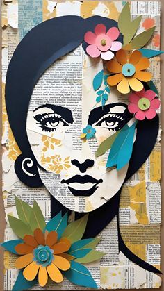 a paper cut out of a woman's face with flowers in her hair and the word