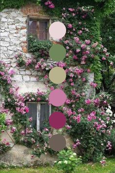 some pink flowers and green plants near a stone building with lots of greenery on it