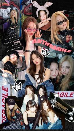 the collage shows girls with different hair colors and styles, all wearing black clothing