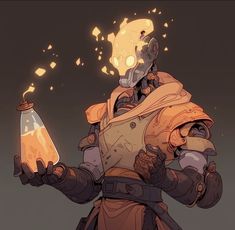 an animated character holding a lantern in one hand and a flashlight in the other with fire coming out of it