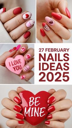 February nails ideas 2025 focus on romantic and stylish Valentines Day 2025 designs. Try gel almond or gel short almond nails in red, pink, or Valentines Day purple tones. Add glitter, rhinestones, or heart patterns for a festive look. These short almond or coffin shape styles work perfectly for birthday celebrations, romantic dinners, or even everyday wear. For a chic twist, incorporate acrylic short nails with Valentines Day simple red accents, blending elegance and versatility. Short Almond Nails, Romantic Dinners, Red Accents, Nail Trends, Heart Patterns