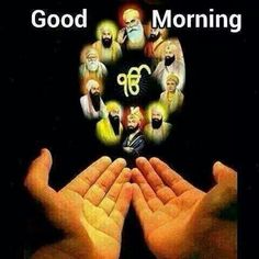 two hands are holding out the words good morning in front of an image of many different people