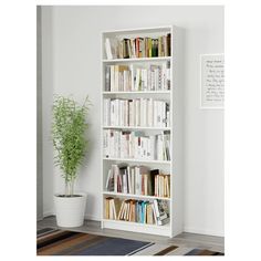 a white bookcase with many books and a potted plant