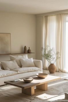 a living room filled with white furniture and pillows on top of a table next to a window