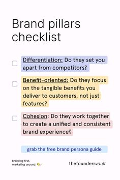 a white poster with the words brand pillars checklist written in different font and colors