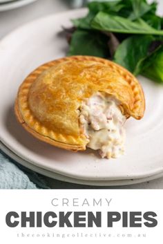 a chicken pot pie on a plate with spinach leaves in the background and text overlay