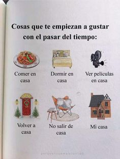 an open book with pictures of different things in spanish on the page and below it