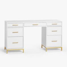 a white desk with two drawers and gold handles on the top, against a white background