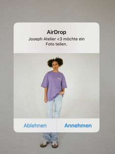 an advertisement for the airdrop clothing line, featuring a woman in purple shirt and jeans